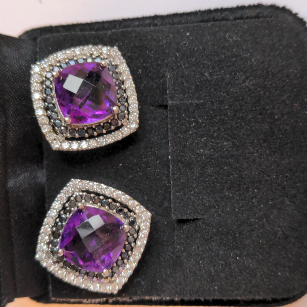 New QVC Amethyst Stud Sterling Silver Earrings, Black spinel & Zircon halos